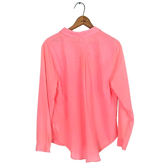 Old Navy Pink Neon Swiss Dot Popover Top Long Sleeve Semi Sheer Button Blouse L - Picture 9 of 16